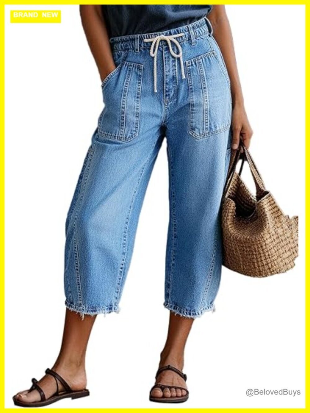Mid Waist Capri Barrel Leg Jeans Drawstring Stretchy Raw Hem Cropped Denim Pants
